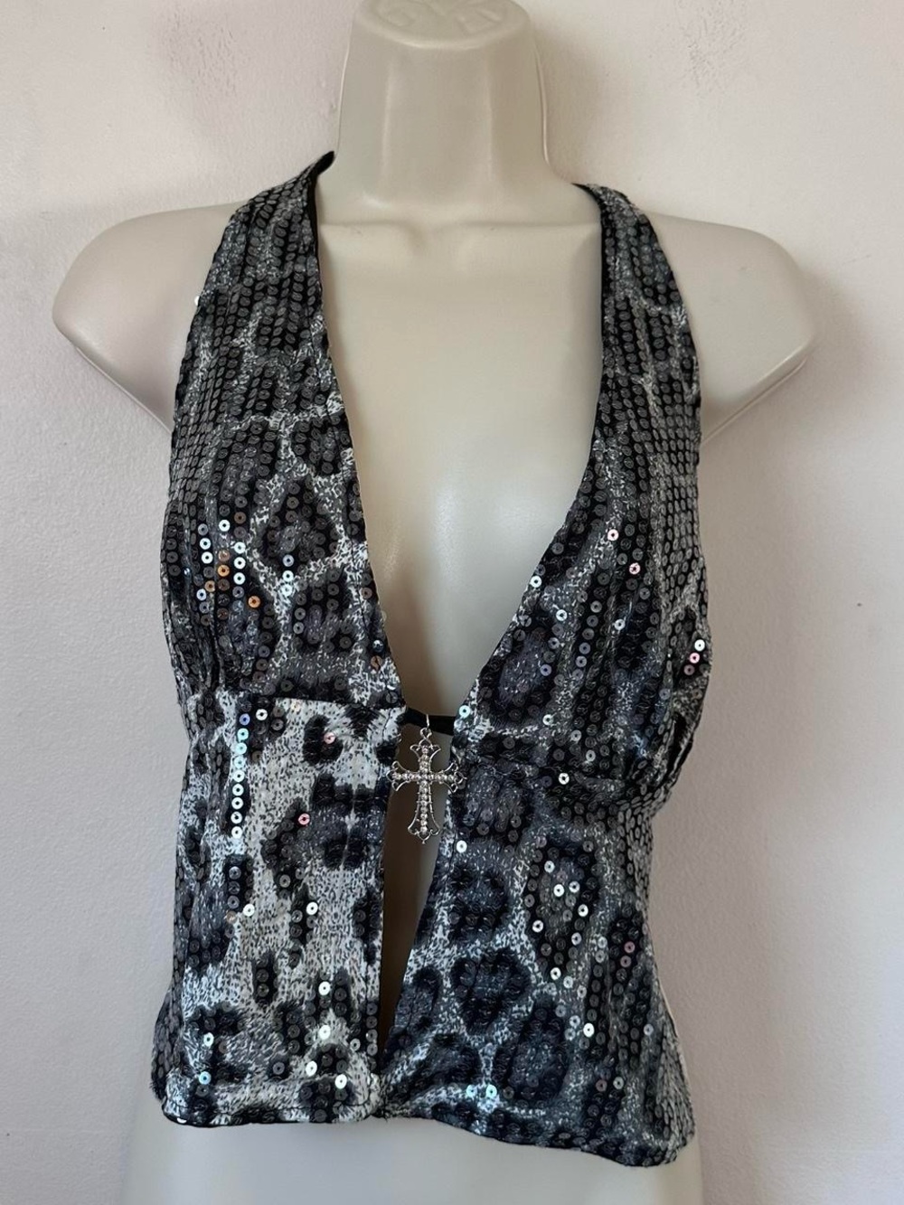 Sequined Black & White Leopard Halter Top with Cross Accent